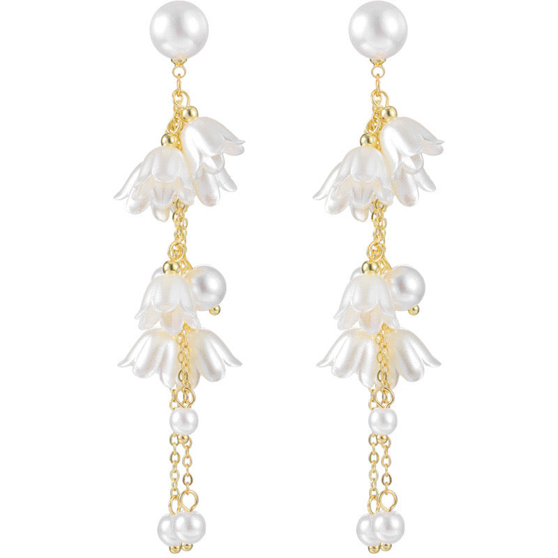 Elegant Flower Cascade Pearl Earrings | Vintage Style | Clip-On & Stud Options