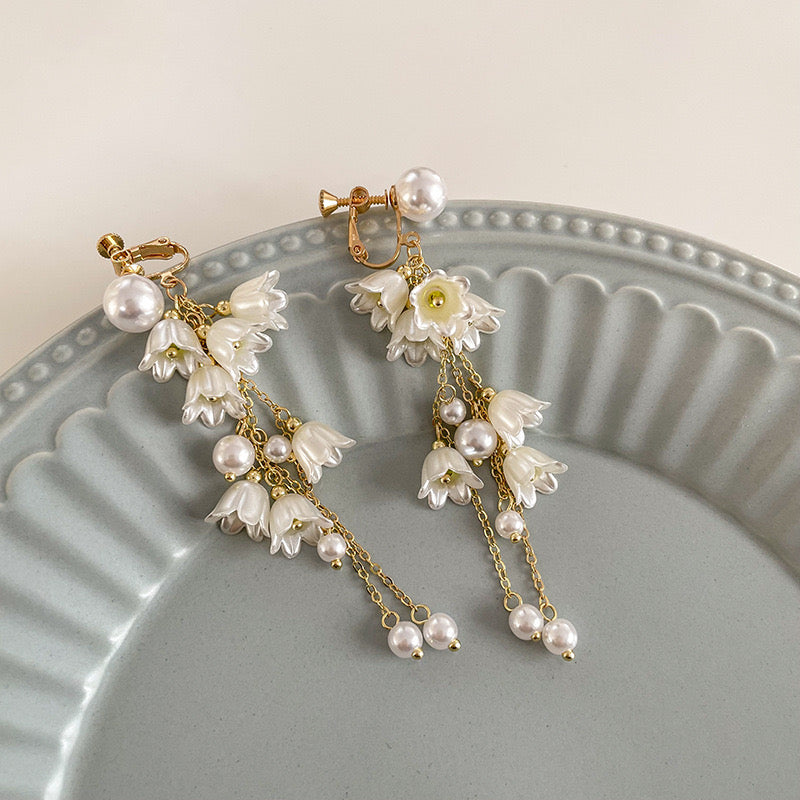 Elegant Flower Cascade Pearl Earrings | Vintage Style | Clip-On & Stud Options