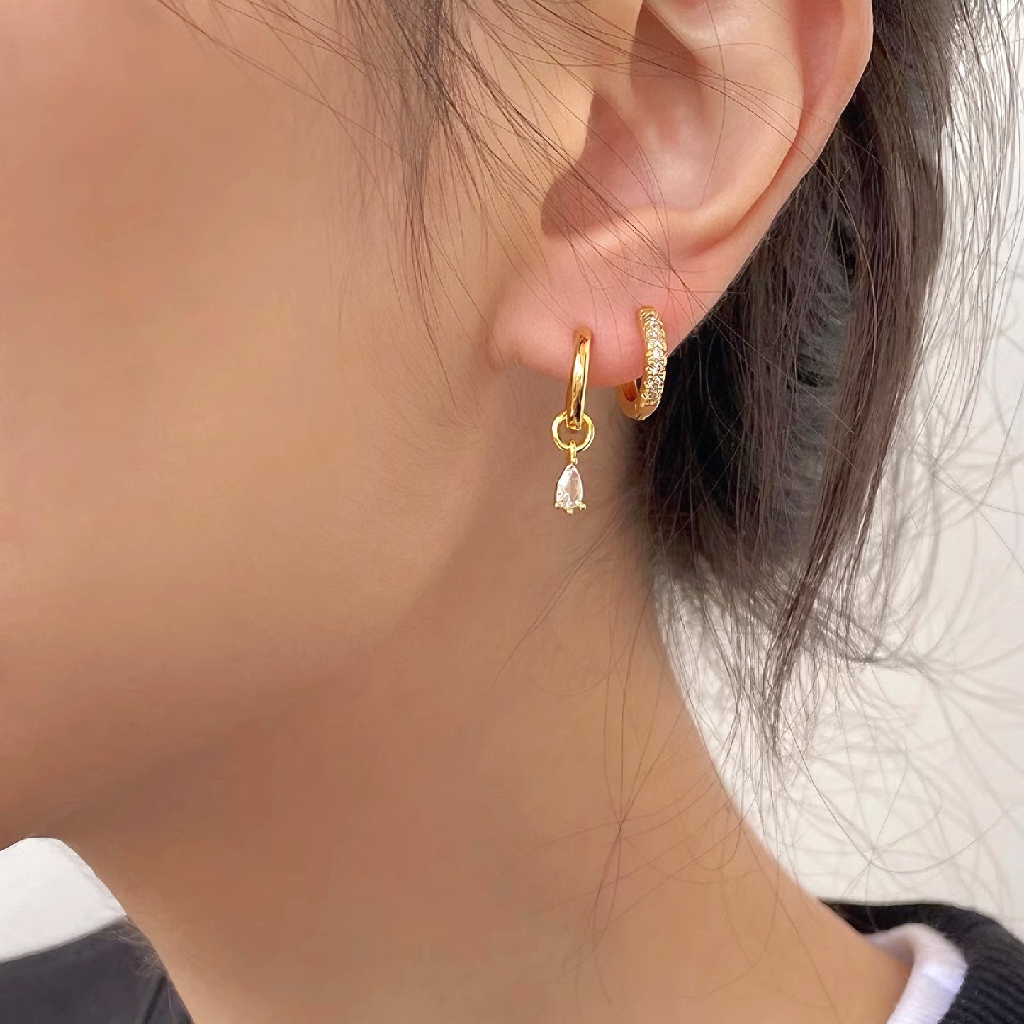 Triple Hoops with Dangle Stone Accent - Crystal Pave Earrings in Gold or Silver