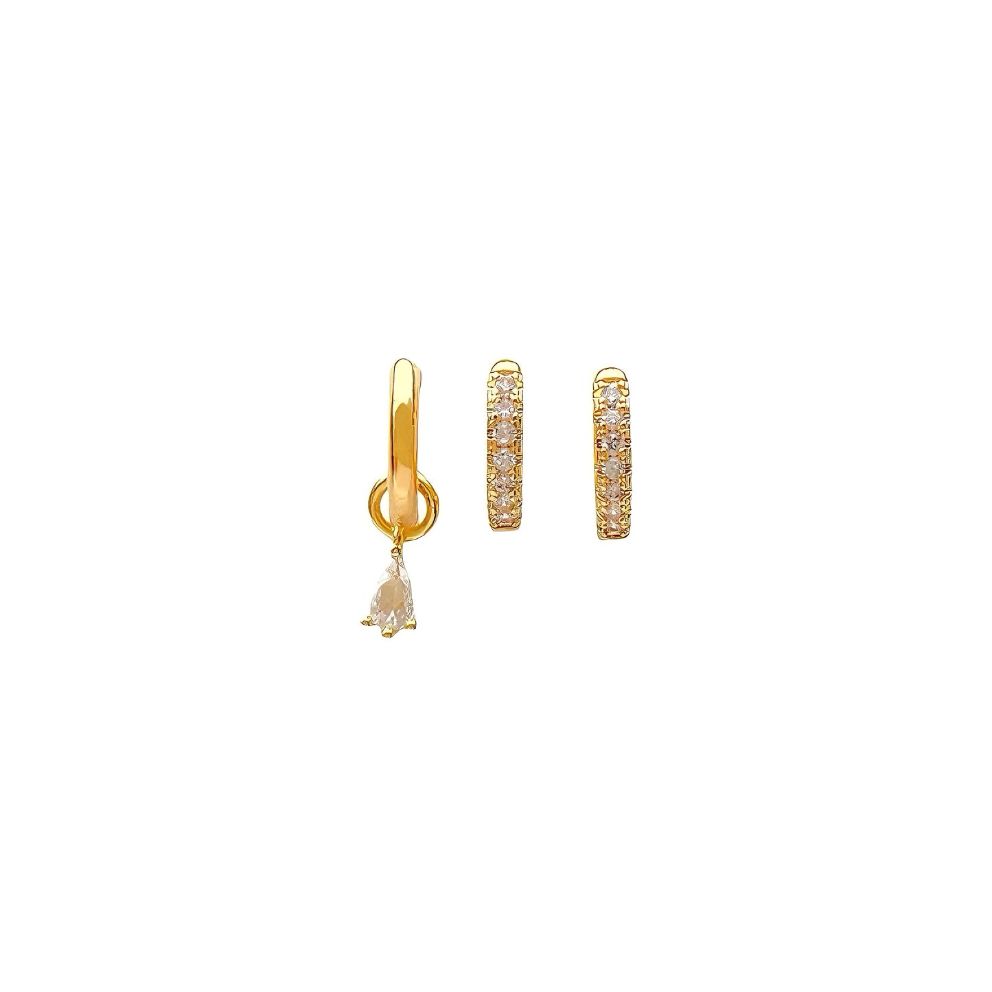 Triple Hoops with Dangle Stone Accent - Crystal Pave Earrings in Gold or Silver